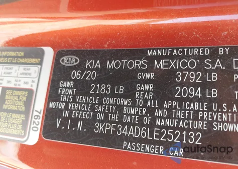 2020 Kia Forte Gt-Line из США, поврежденный, VIN 3KPF34AD6LE252132